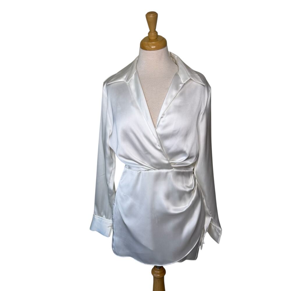 Zara White Faux Silk Collared Wrap Front Long Sleeve Mini Dress Medium